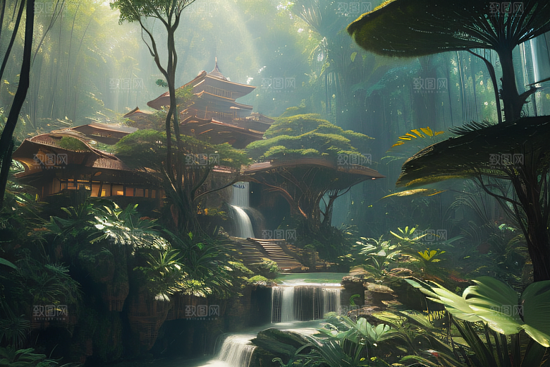 梦幻绘画完美几何建筑中的奇幻之境