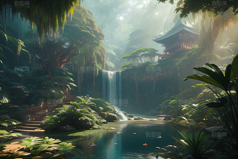 梦幻绘画完美几何建筑中的奇幻之境