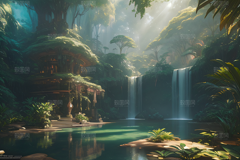 梦幻绘画完美几何建筑中的奇幻之境