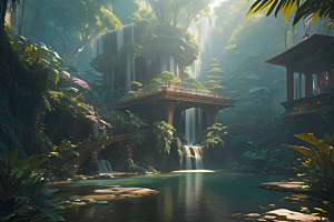 梦幻绘画完美几何建筑中的奇幻之境