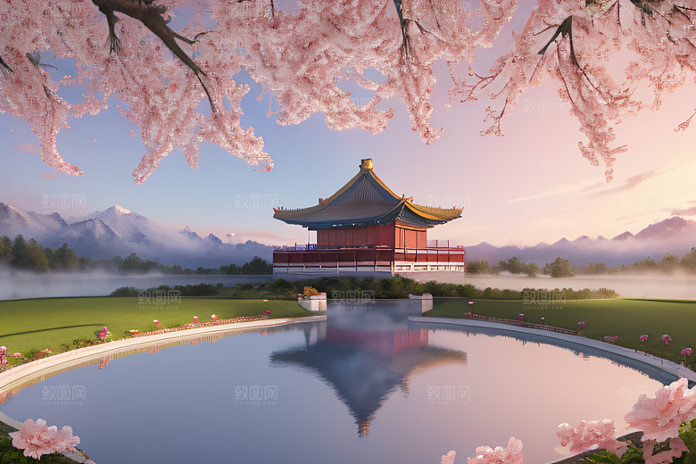 美丽如画的中国宫殿景观桃花池中的浪漫奇观