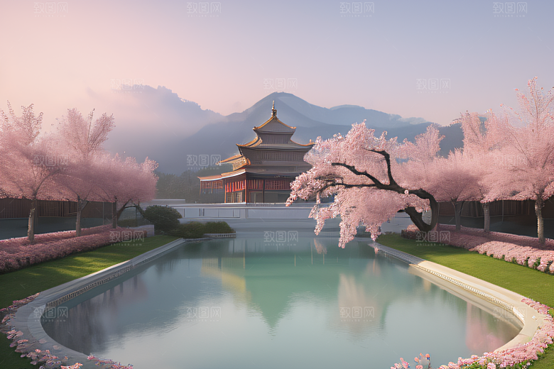 美丽如画的中国宫殿景观桃花池中的浪漫奇观