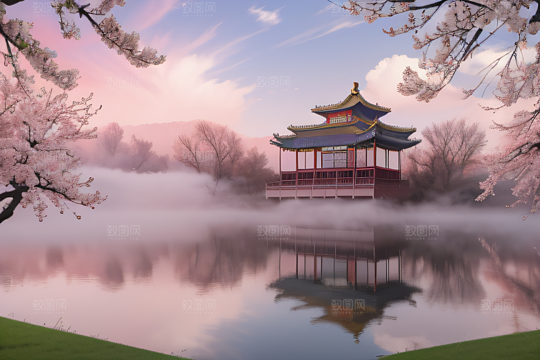 美丽如画的中国宫殿景观桃花池中的浪漫奇观