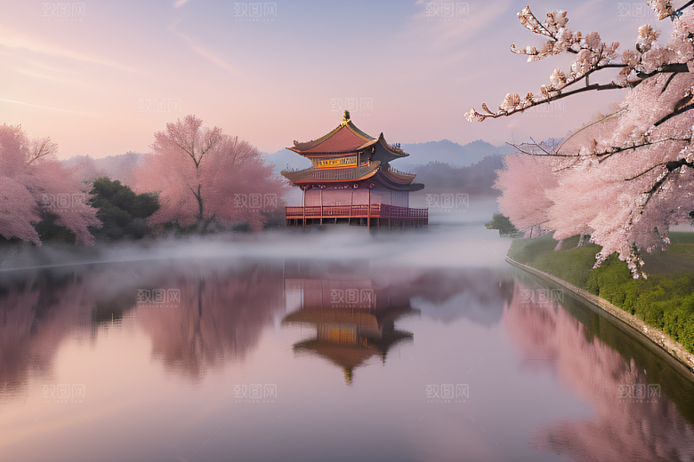 美丽如画的中国宫殿景观桃花池中的浪漫奇观
