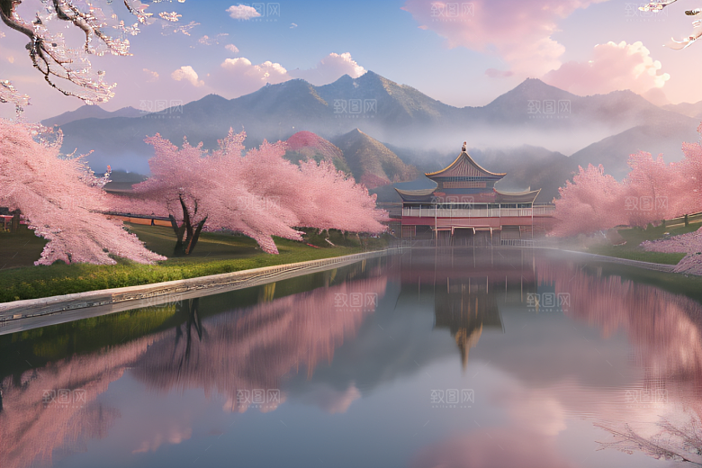 美丽如画的中国宫殿景观桃花池中的浪漫奇观