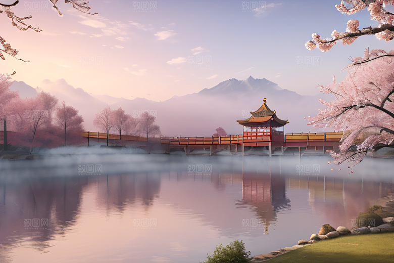 美丽如画的中国宫殿景观桃花池中的浪漫奇观