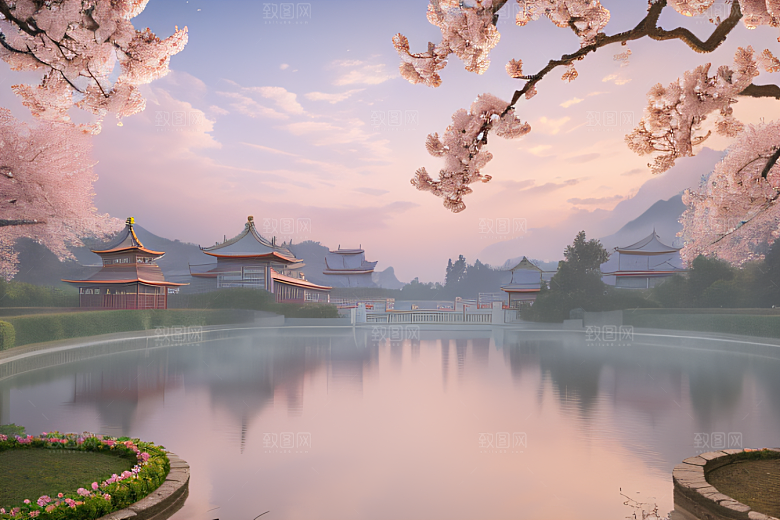 美丽如画的中国宫殿景观桃花池中的浪漫奇观