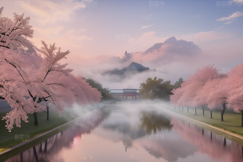 美丽如画的中国宫殿景观桃花池中的浪漫奇观