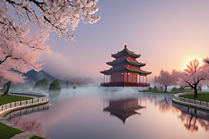 美丽如画的中国宫殿景观桃花池中的浪漫奇观