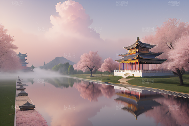 美丽如画的中国宫殿景观桃花池中的浪漫奇观