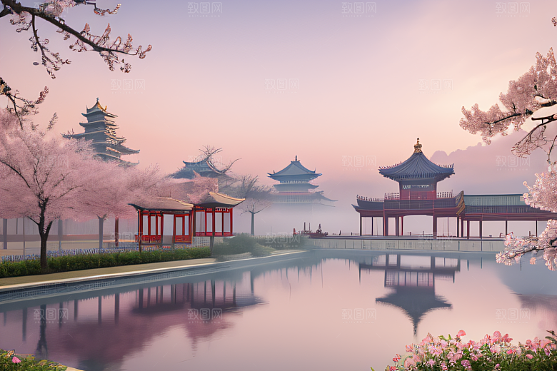 桃花盛开的浪漫画卷中国古宫美景尽收眼底