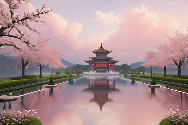 桃花盛开的浪漫画卷中国古宫美景尽收眼底