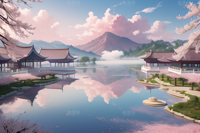 中国古宫美景桃花池中的浪漫画卷