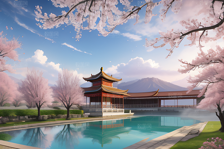 中国古宫美景桃花池中的浪漫画卷