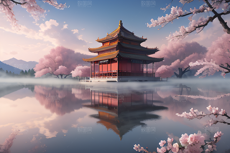 中国古宫美景桃花池中的浪漫画卷