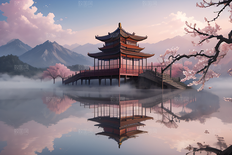 壮丽的中国宫殿画卷桃花湖泽无边