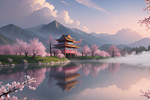 壮丽的中国宫殿画卷桃花湖泽无边
