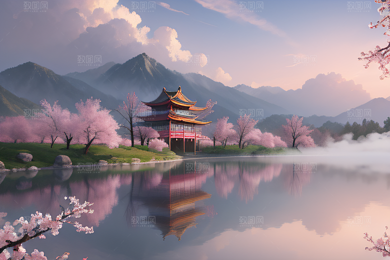 壮丽的中国宫殿画卷桃花湖泽无边