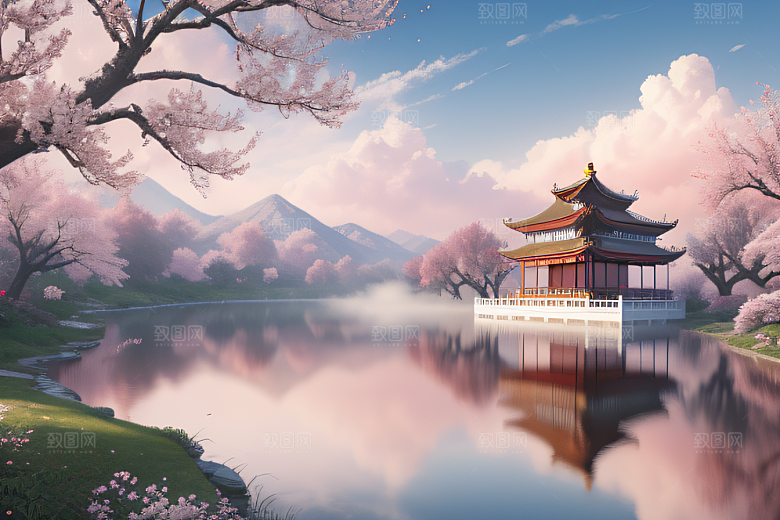壮丽的中国宫殿画卷桃花湖泽无边