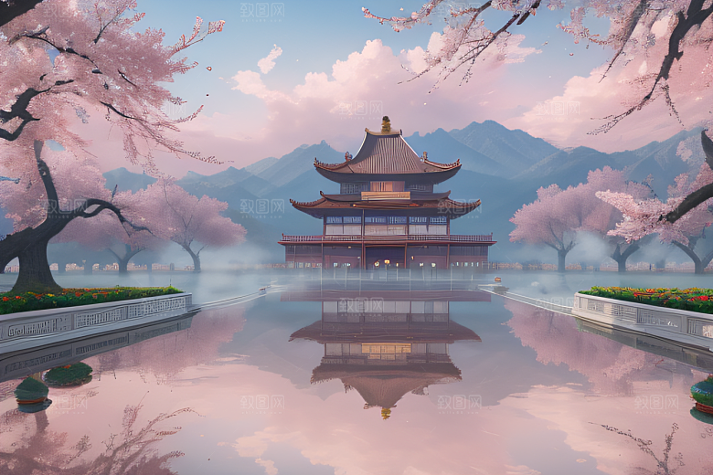 壮丽的中国宫殿画卷桃花湖泽无边