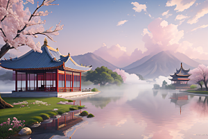 壮丽的中国宫殿画卷桃花湖泽无边