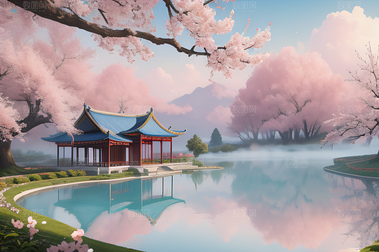 壮丽的中国宫殿画卷桃花湖泽无边