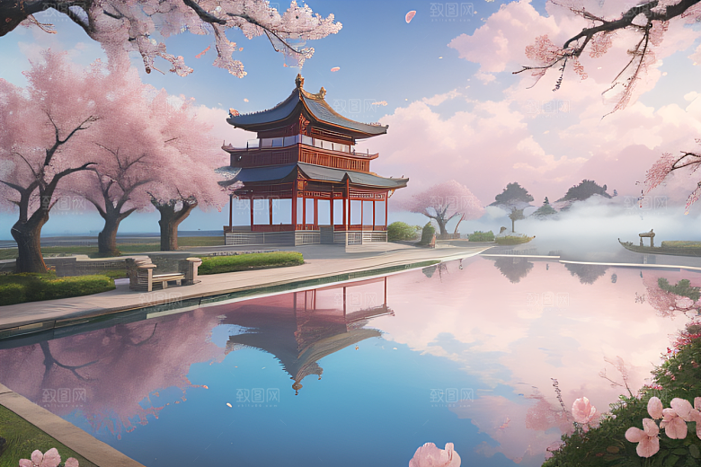 壮丽的中国宫殿画卷桃花湖泽无边