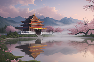 壮丽的中国宫殿画卷桃花湖泽无边