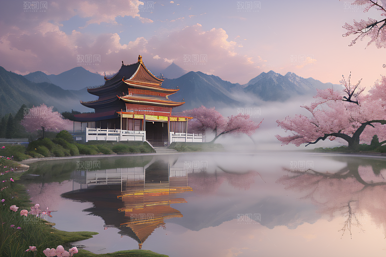 壮丽的中国宫殿画卷桃花湖泽无边