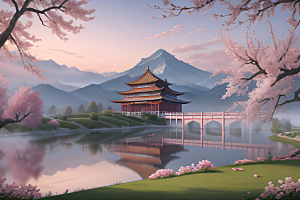 壮丽的中国宫殿画卷桃花湖泽无边