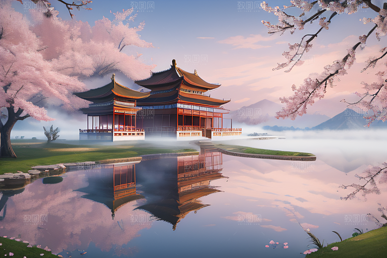 壮丽的中国宫殿画卷桃花湖泽无边