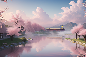 壮丽的中国宫殿画卷桃花湖泽无边