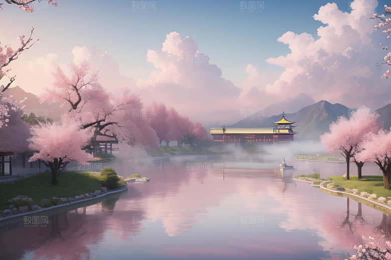 壮丽的中国宫殿画卷桃花湖泽无边