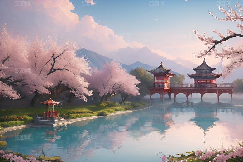 壮丽的中国宫殿画卷桃花湖泽无边