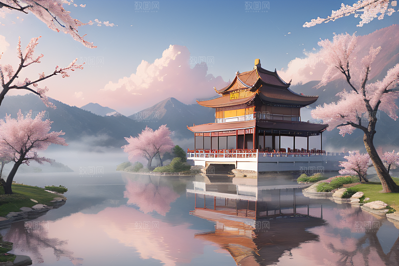 壮丽的中国宫殿画卷桃花湖泽无边