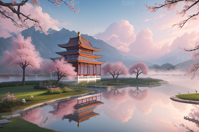 壮丽的中国宫殿画卷桃花湖泽无边
