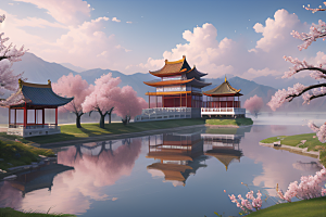 壮丽的中国宫殿画卷桃花湖泽无边