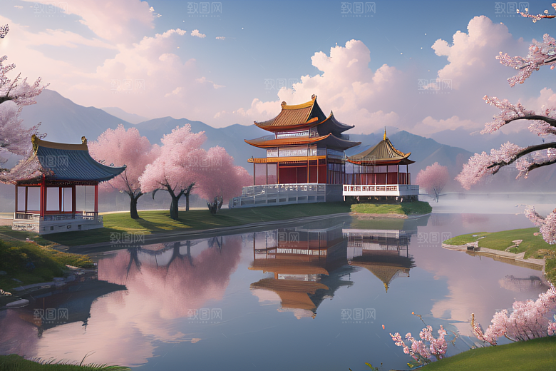 壮丽的中国宫殿画卷桃花湖泽无边