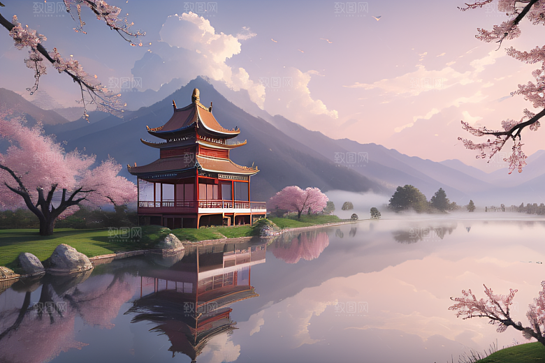壮丽的中国宫殿画卷桃花湖泽无边