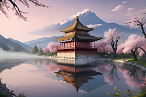 中国宫殿景观如画桃花池中的浪漫奇观