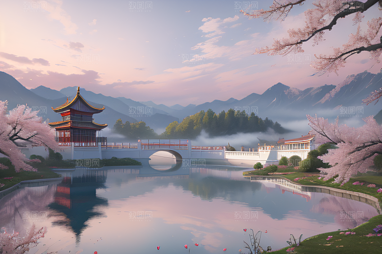 中国宫殿景观如画桃花池中的浪漫奇观