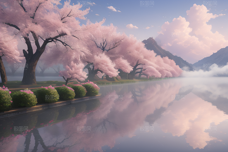 中国宫殿景观如画桃花池中的浪漫奇观