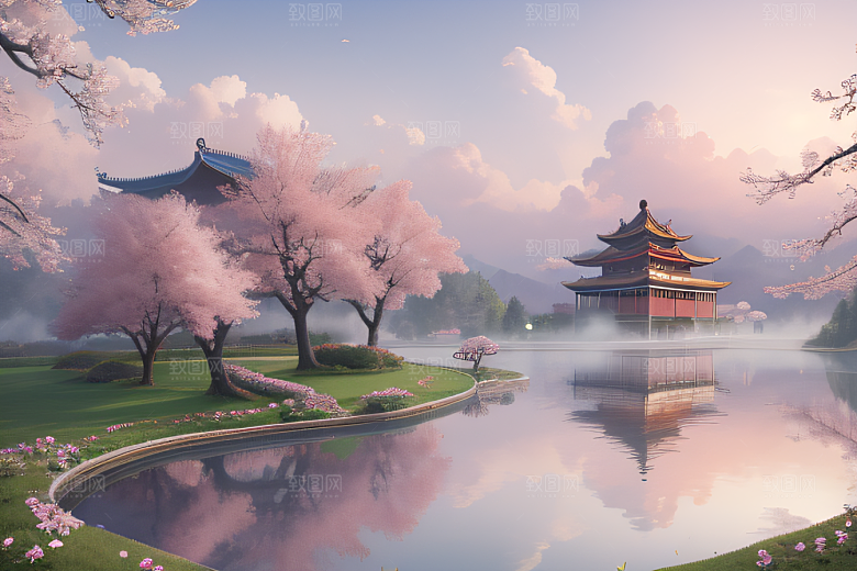 中国宫殿景观如画桃花池中的浪漫奇观