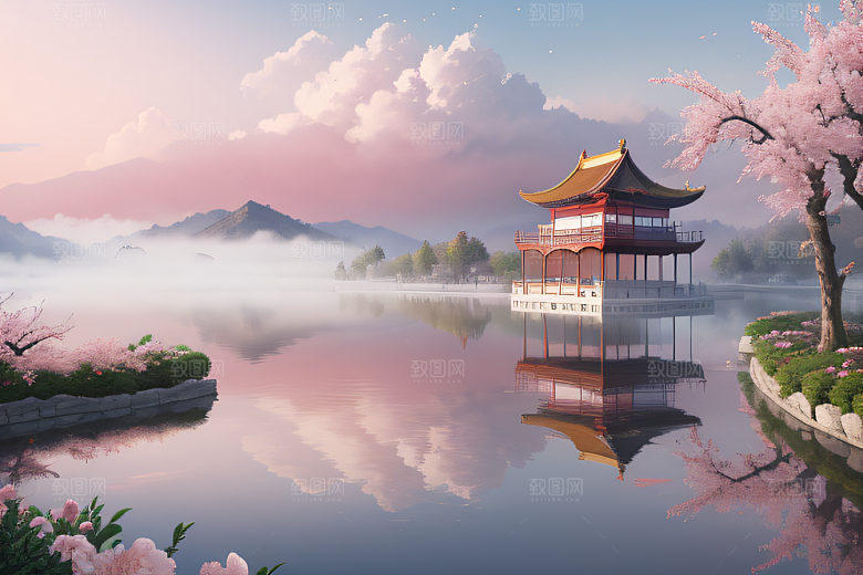 中国宫殿景观如画桃花池中的浪漫奇观
