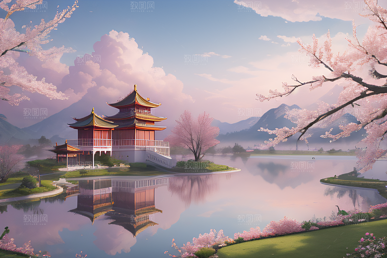 中国宫殿景观如画桃花池中的浪漫奇观