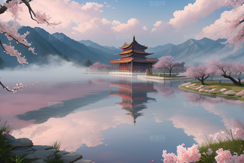 中国宫殿景观如画桃花池中的浪漫奇观