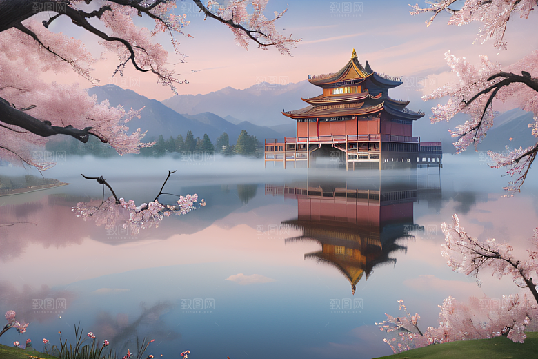 中国宫殿景观如画桃花池中的浪漫奇观
