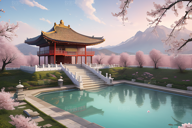 中国宫殿景观如画桃花池中的浪漫奇观