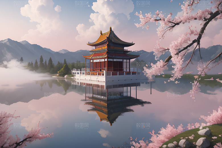 中国宫殿景观如画桃花池中的浪漫奇观