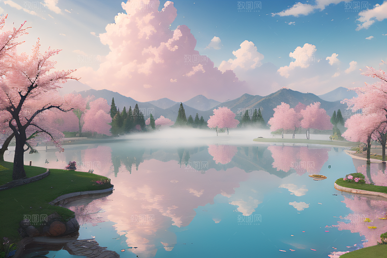 中国宫殿景观如画桃花池中的浪漫奇观